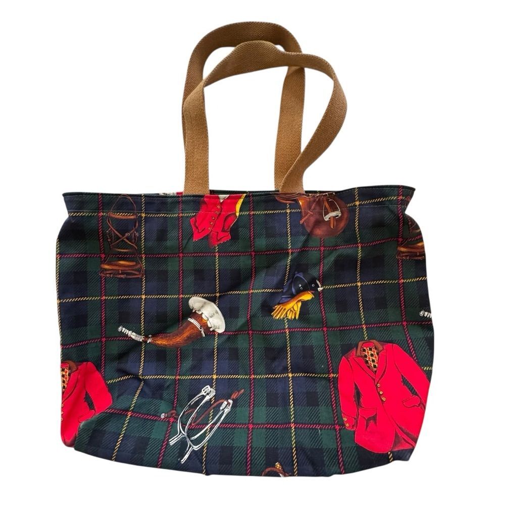 Equestrian Horseback Riding Blue Green Tartan Plaid Zippered Tote Bag